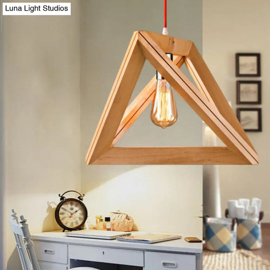 Minimalist Triangle Hanging Light With Single Bulb - Beige Pendant Wood Cage 12.5/14.5/16.5 Width /
