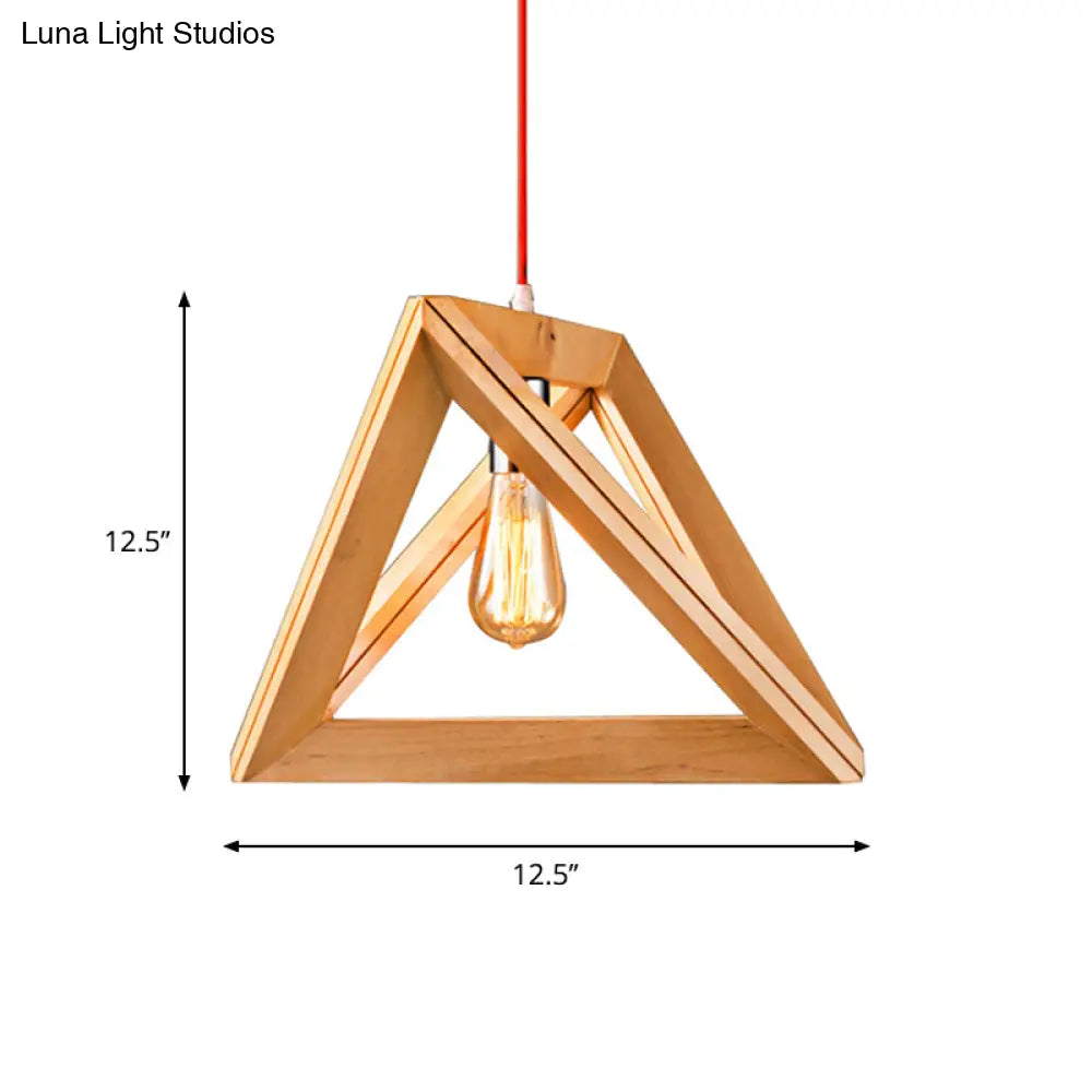 Minimalist Triangle Hanging Light With Single Bulb - Beige Pendant Wood Cage 12.5/14.5/16.5 Width