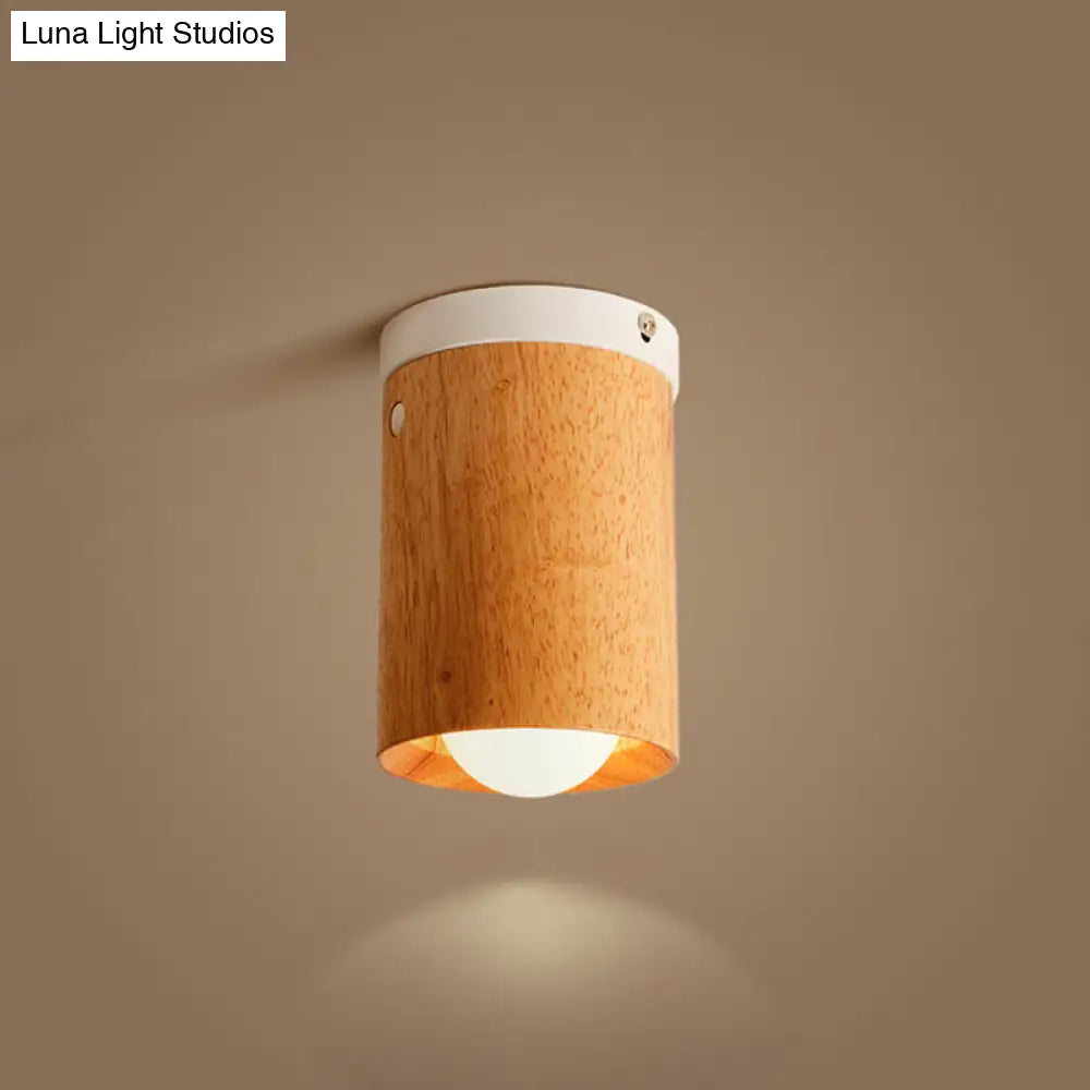 Minimalistic Beige Tubular Flushmount Ceiling Lamp With Wood Accent For Bedroom - 1 Bulb Flush