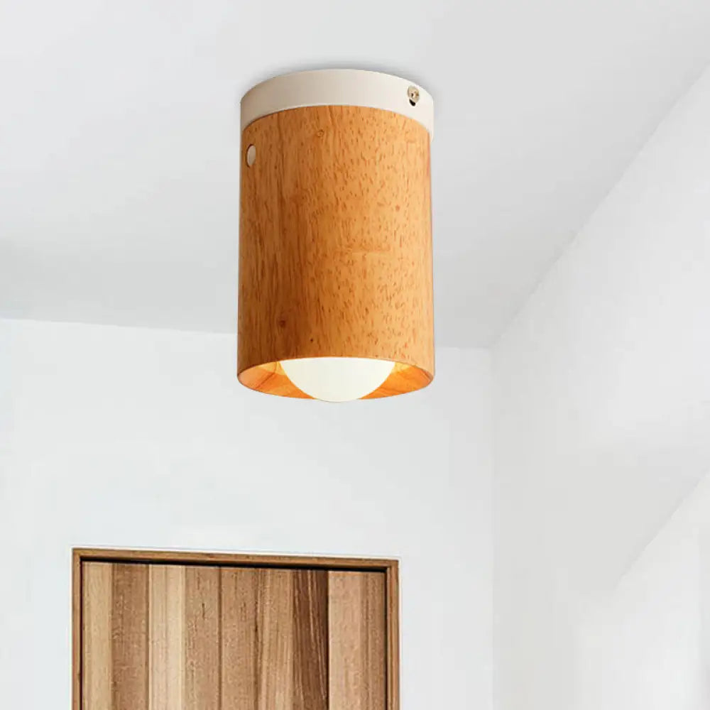 Minimalistic Beige Tubular Flushmount Ceiling Lamp With Wood Accent For Bedroom - 1 Bulb Flush