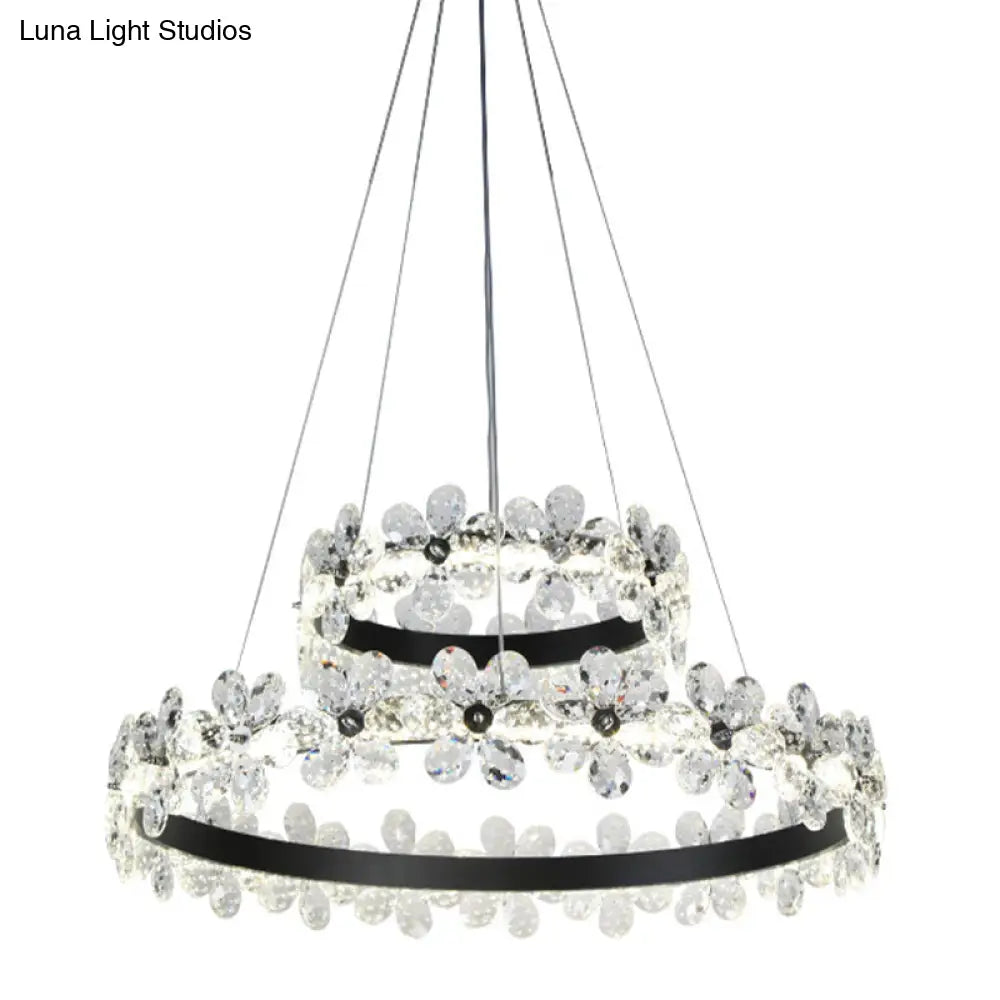 Minimalistic Black Crystal Flower Led Chandelier Lighting - Living Room Hoop Hanging Light Kit