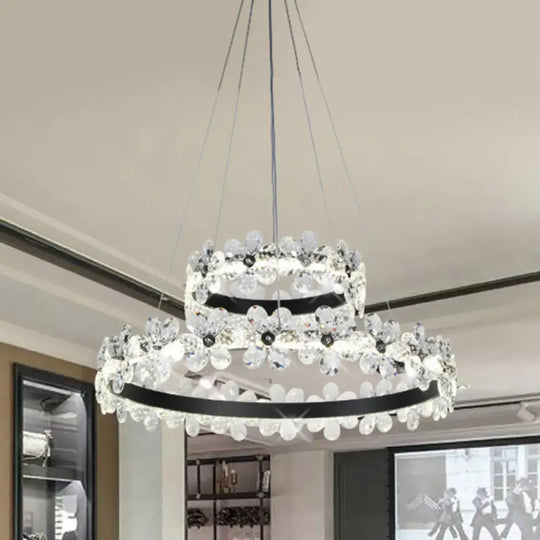 Minimalistic Black Crystal Flower Led Chandelier Lighting - Living Room Hoop Hanging Light Kit / 2