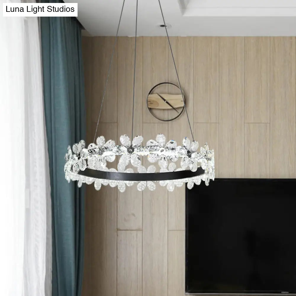 Minimalistic Black Crystal Flower Led Chandelier Lighting - Living Room Hoop Hanging Light Kit