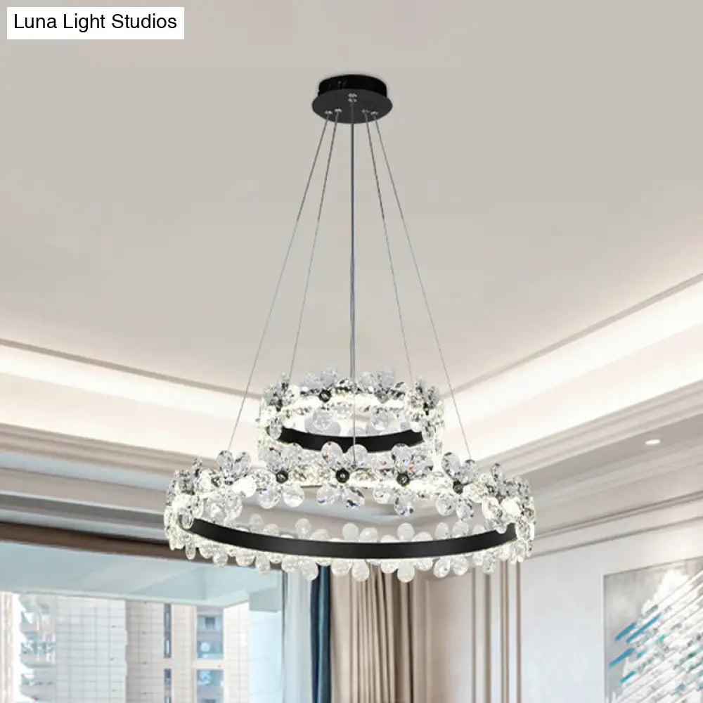 Minimalistic Black Crystal Flower Led Chandelier - 1/2-Tier Hoop Hanging Light Kit For Living Room