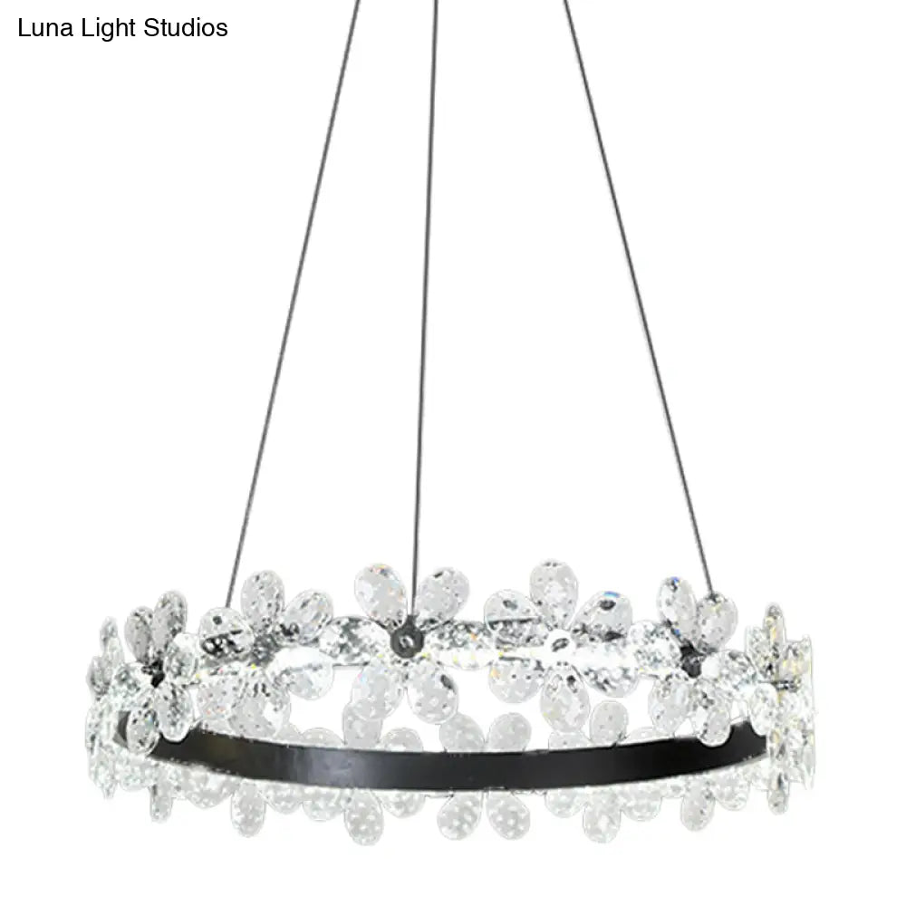 Minimalistic Black Crystal Flower Led Chandelier Lighting - Living Room Hoop Hanging Light Kit