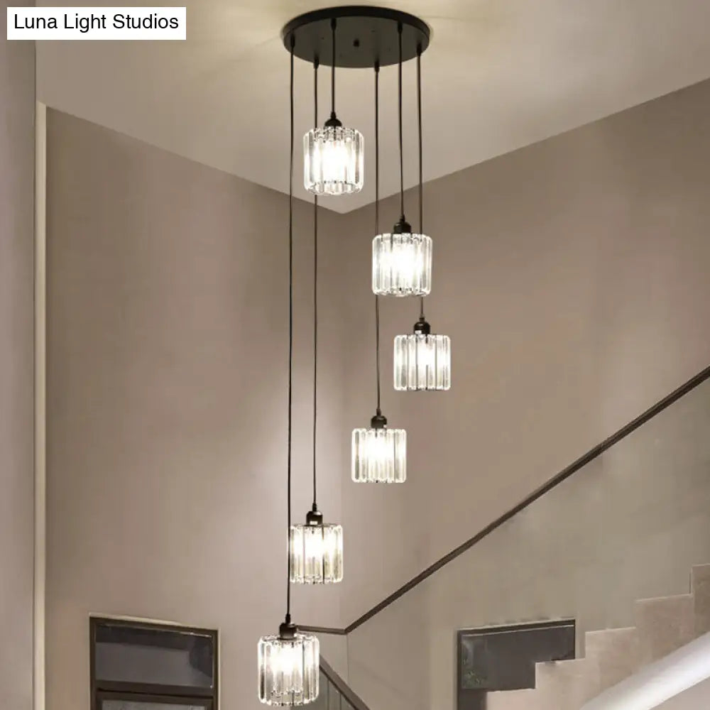 Sleek Black Geometric Prismatic Crystal Ceiling Light For Staircases - Multi-Suspension Lighting