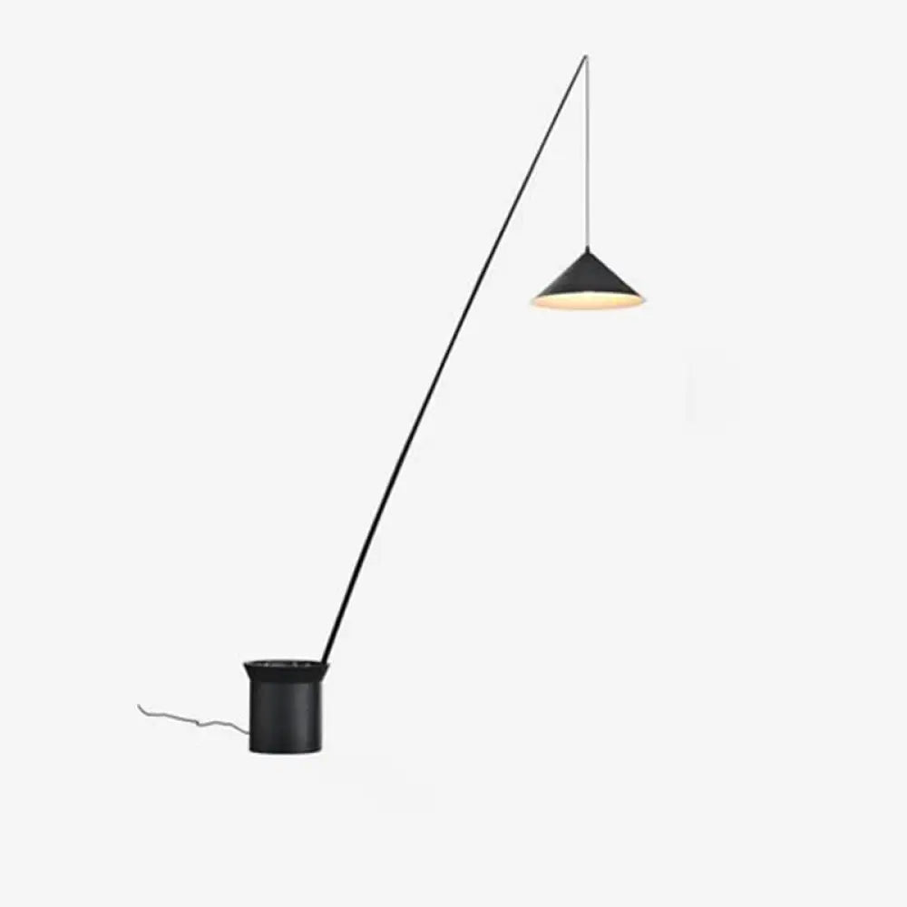 Minimalistic Black Metal Floor Lamp With Dangling Cone Shade & Rock Bucket Base