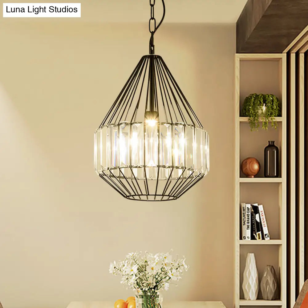 Minimalistic Black Teardrop Pendulum Light With Clear Crystal Rectangle Suspension Lamp