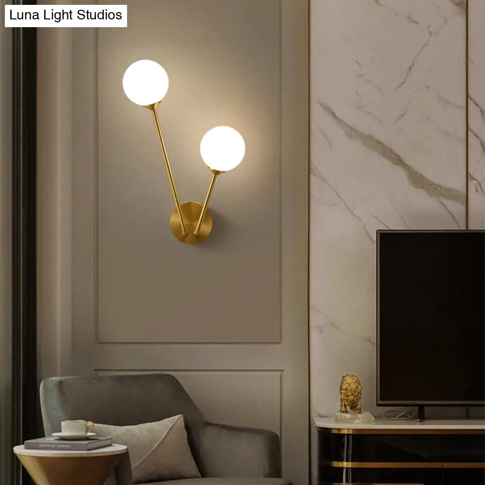 Minimalistic Brass Branch Wall Light With Ball Glass Sconce - Bedroom Lighting Fixture