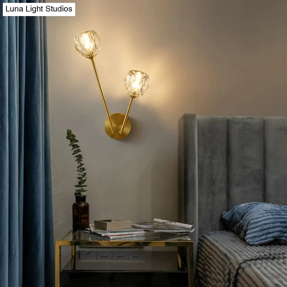 Minimalistic Brass Branch Wall Light With Ball Glass Sconce - Bedroom Lighting Fixture