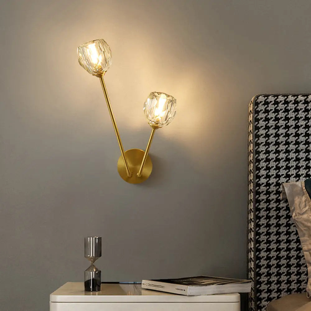 Minimalistic Brass Branch Wall Light With Ball Glass Sconce - Bedroom Lighting Fixture Clear / 14