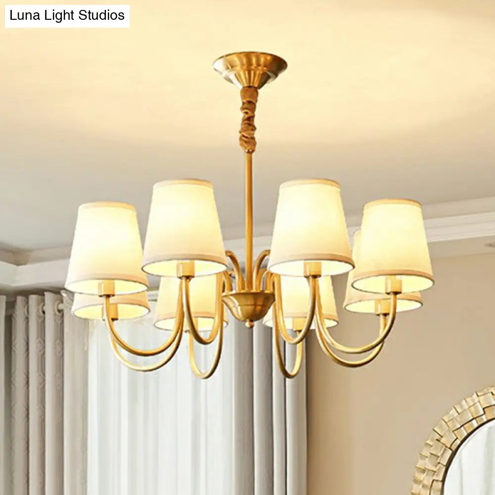 Minimalistic Brass Chandelier With Curvy Arm And Cone Fabric Shade For Living Room Pendant Lighting