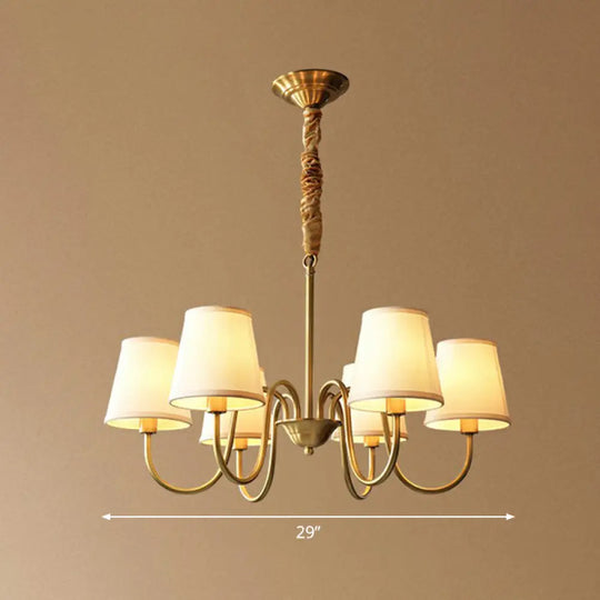 Minimalistic Brass Chandelier With Curvy Arm And Cone Fabric Shade For Living Room Pendant Lighting