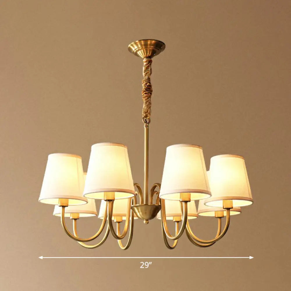 Minimalistic Brass Chandelier With Curvy Arm And Cone Fabric Shade For Living Room Pendant Lighting