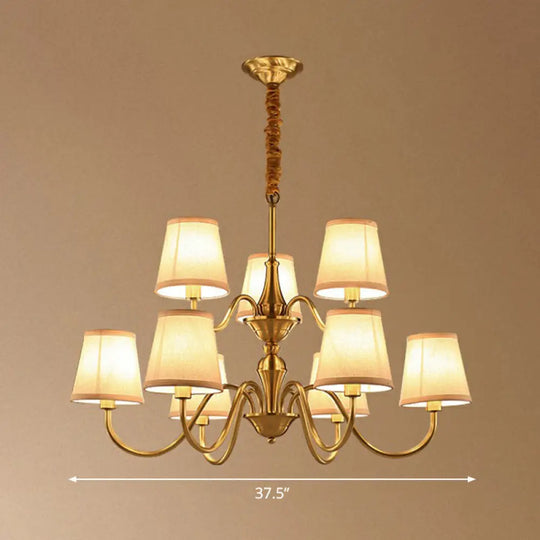 Minimalistic Brass Chandelier With Curvy Arm And Cone Fabric Shade For Living Room Pendant Lighting