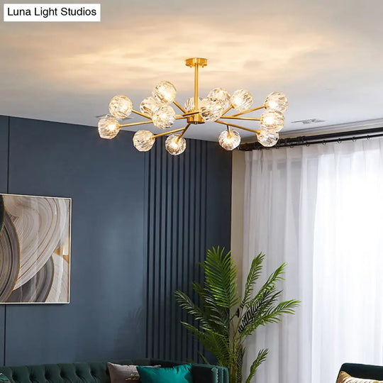 Minimalistic Brass Chandelier With Faceted Crystal Balls - Living Room Hanging Lamp