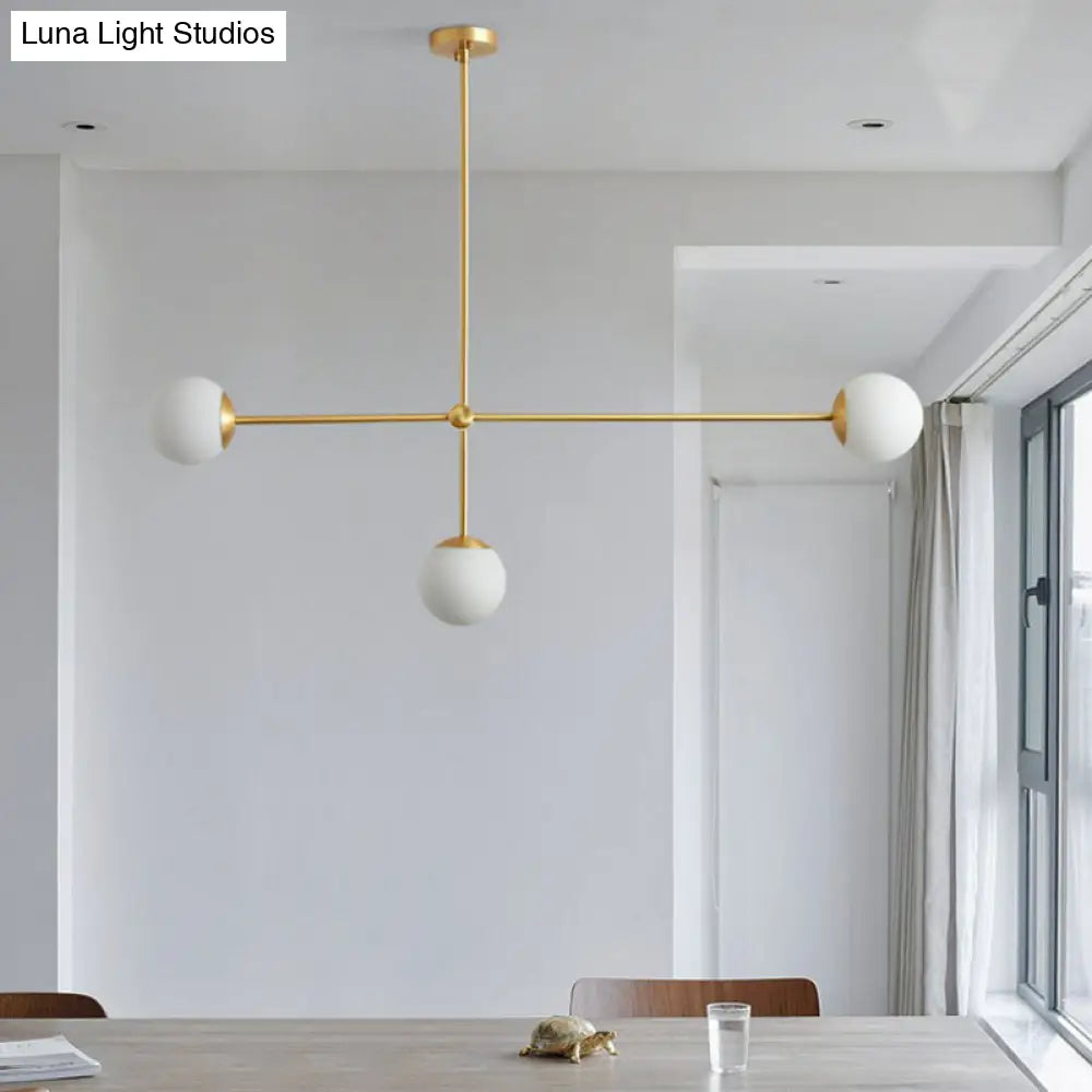 Minimalistic Brass Finish Chandelier With Ivory Glass Shade: Contemporary Metal Ceiling Light