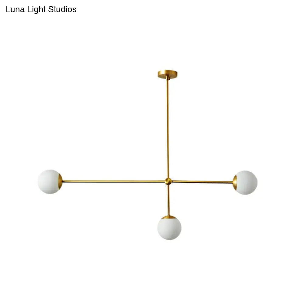 Minimalistic Brass Finish Chandelier With Ivory Glass Shade: Contemporary Metal Ceiling Light