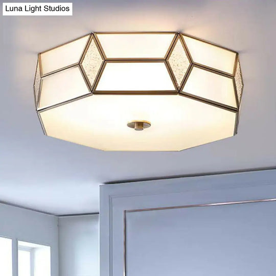 Minimalistic Brass Frost Glass Flush Mount Light For Bedroom: Geometric Ceiling Fixture