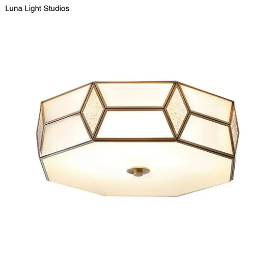 Minimalistic Brass Frost Glass Flush Mount Light For Bedroom: Geometric Ceiling Fixture