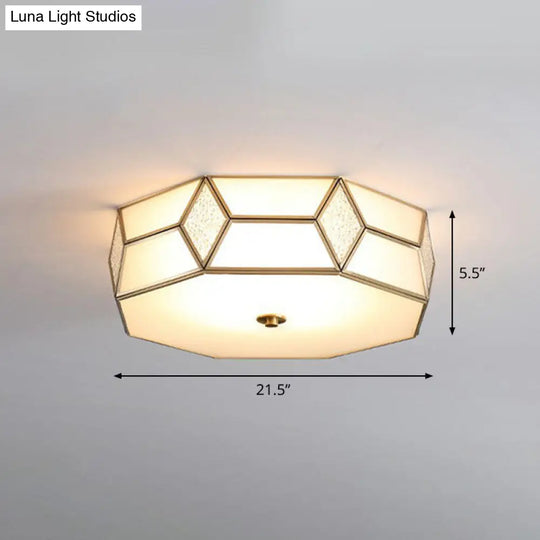 Minimalistic Brass Frost Glass Flush Mount Light For Bedroom: Geometric Ceiling Fixture