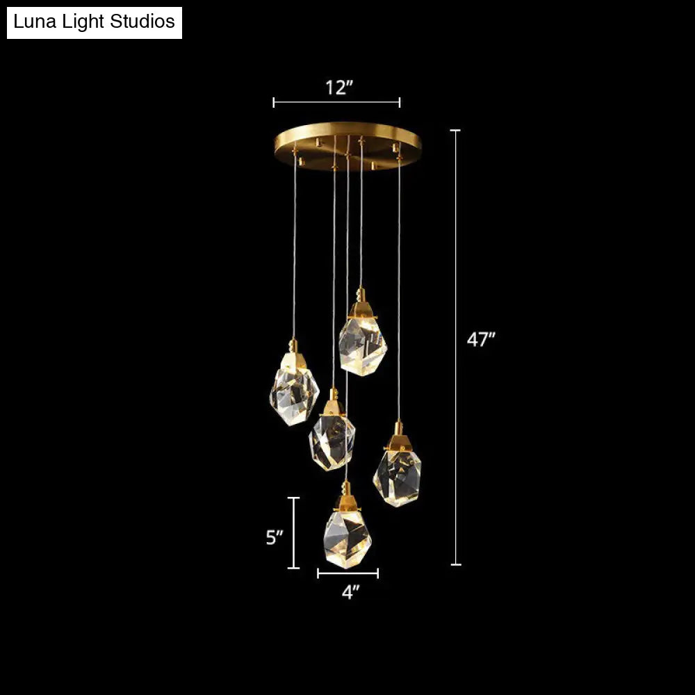 Minimalist Brass Led Cluster Pendant Light For Staircase With Crystal Gem Detail 5 /