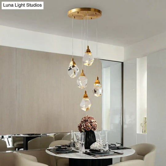 Minimalist Brass Led Cluster Pendant Light For Staircase With Crystal Gem Detail