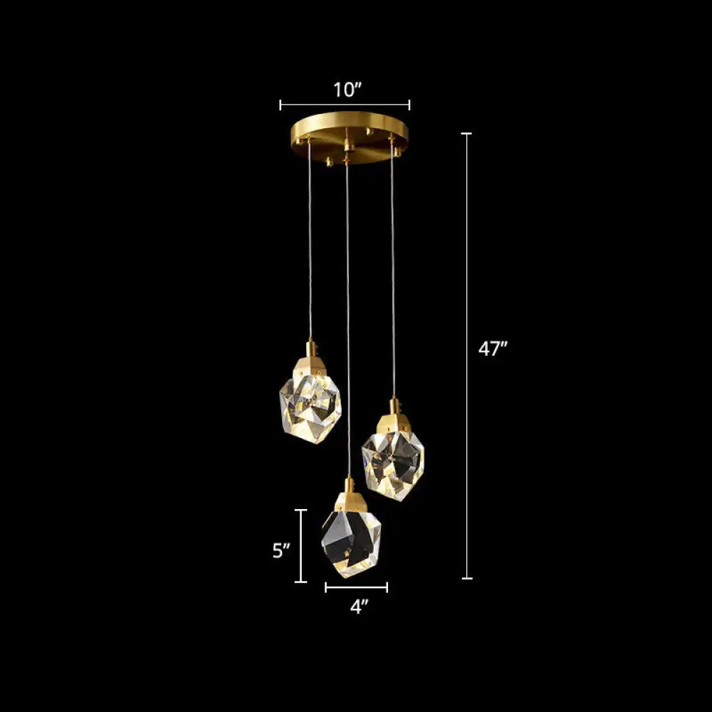 Minimalistic Brass Led Pendant Light With Crystal Gem Cluster Design For Staircases 3 /