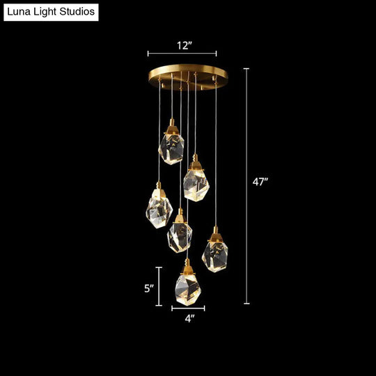 Minimalist Brass Led Cluster Pendant Light For Staircase With Crystal Gem Detail 6 /