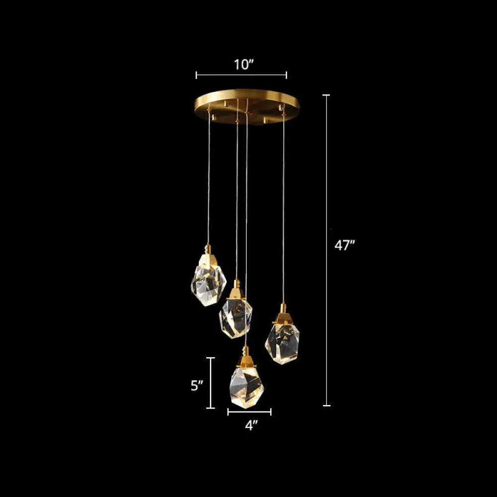 Minimalistic Brass Led Pendant Light With Crystal Gem Cluster Design For Staircases 4 /