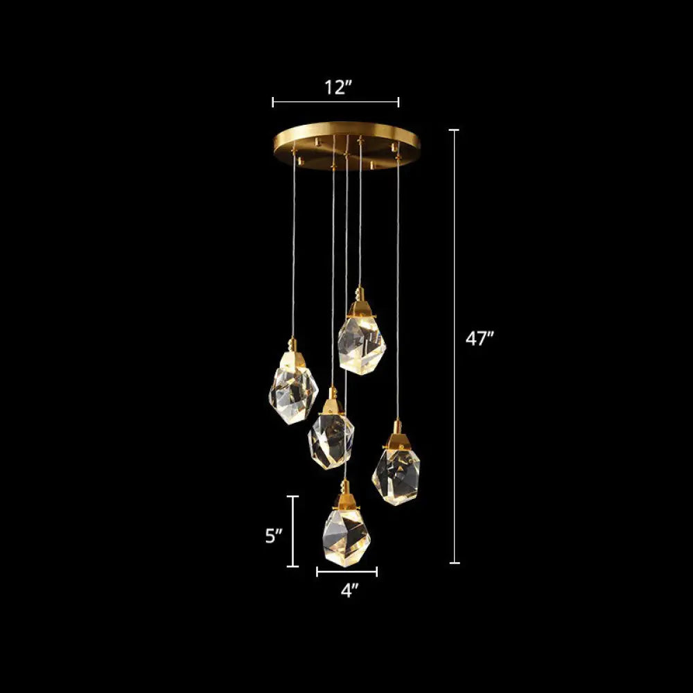 Minimalistic Brass Led Pendant Light With Crystal Gem Cluster Design For Staircases 5 /