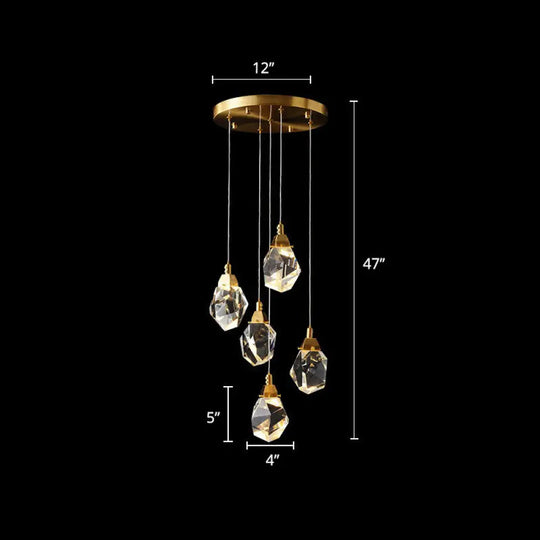 Minimalistic Brass Led Pendant Light With Crystal Gem Cluster Design For Staircases 5 /