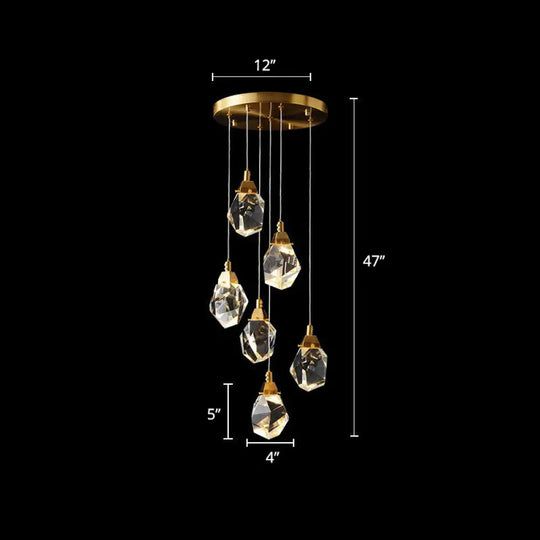 Minimalistic Brass Led Pendant Light With Crystal Gem Cluster Design For Staircases 6 /
