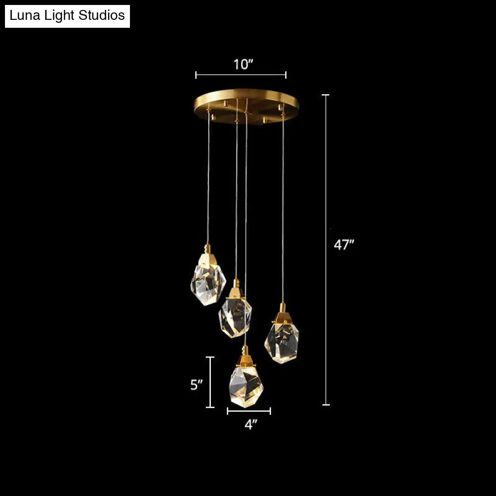 Minimalist Brass Led Cluster Pendant Light For Staircase With Crystal Gem Detail 4 /