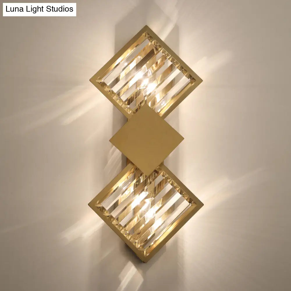 Minimalistic Brass Wall Light With Rhombus Design 2 Bulbs And K9 Crystal Sconce Lamp For Living Room