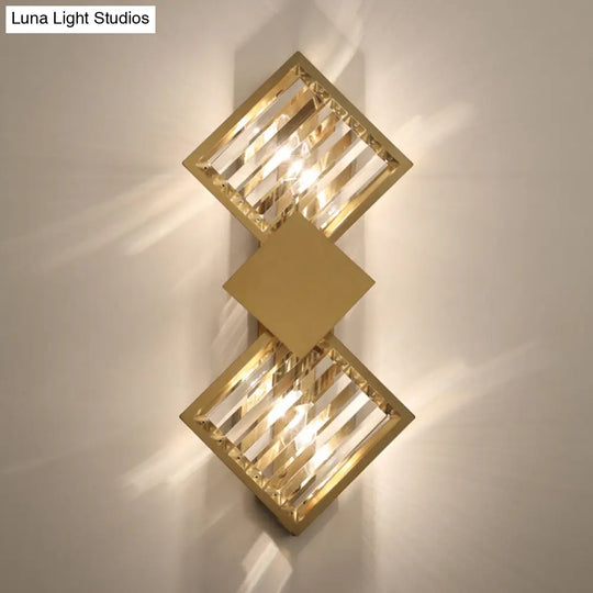 Minimalistic Brass Wall Light With Rhombus Design 2 Bulbs And K9 Crystal Sconce Lamp For Living Room