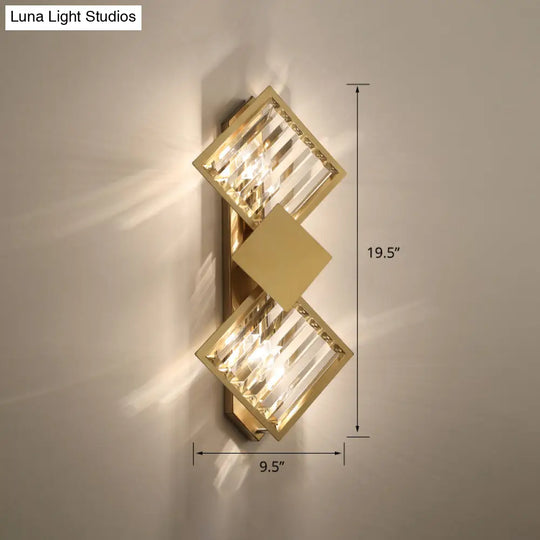 Minimalistic Brass Wall Light With Rhombus Design 2 Bulbs And K9 Crystal Sconce Lamp For Living Room