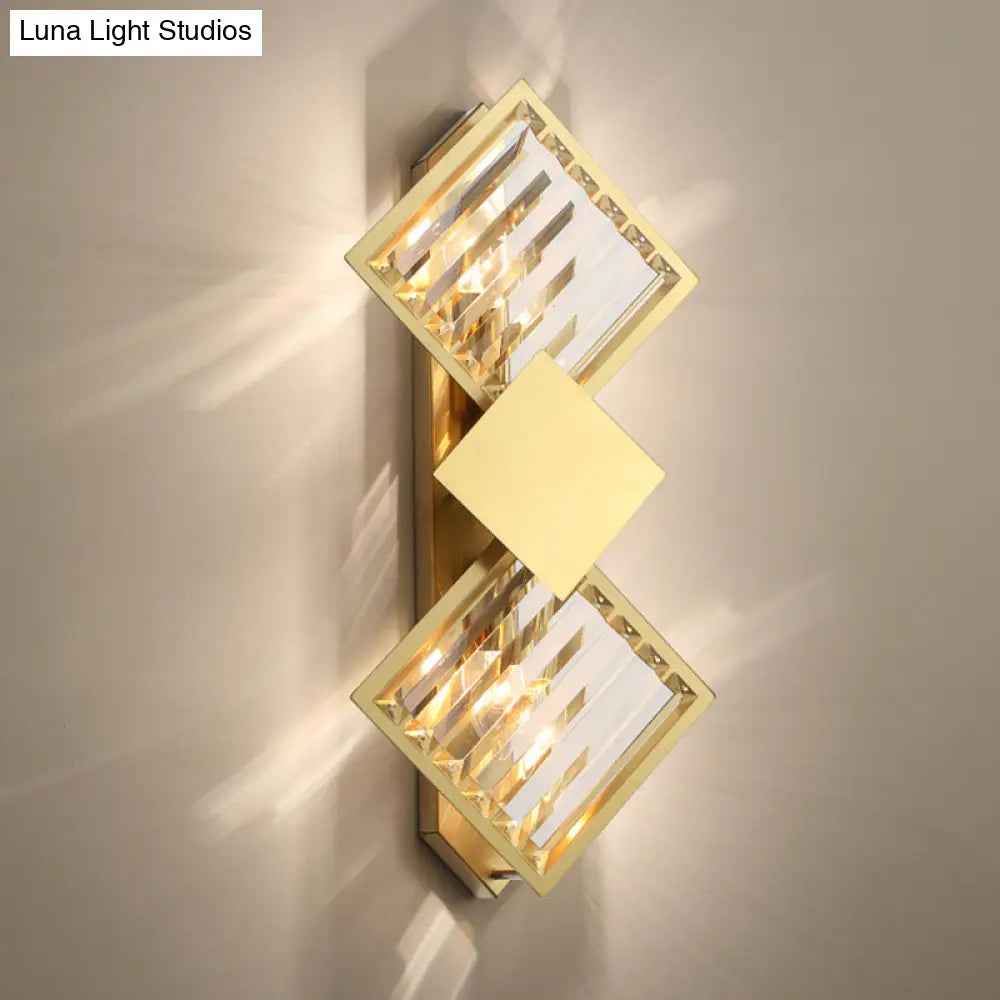 Minimalistic Brass Wall Light With Rhombus Design 2 Bulbs And K9 Crystal Sconce Lamp For Living Room