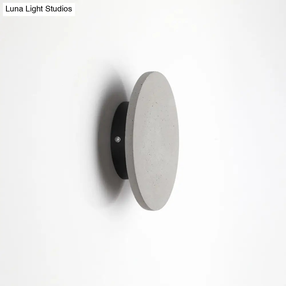 Minimalistic Cement Grey Led Wall Sconce Light For Bedside - Flat Round Mount