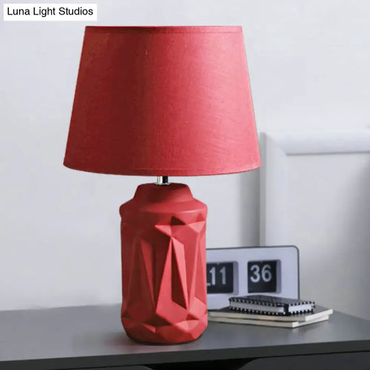 Minimalistic Ceramic Red Nightstand Lamp - Geometric-Cut Cylinder Shape