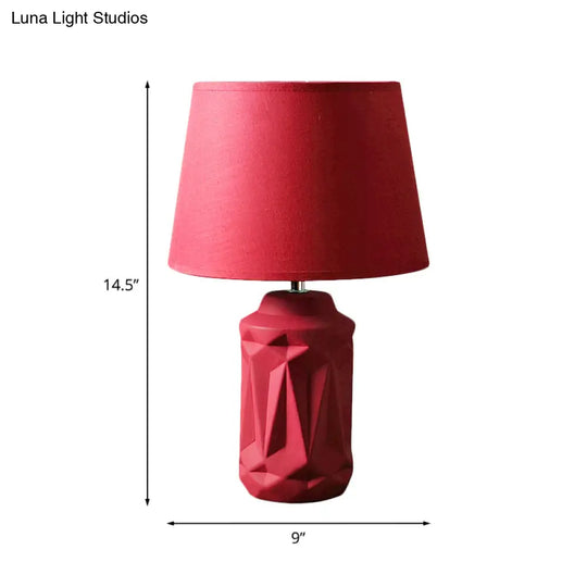 Minimalistic Ceramic Red Nightstand Lamp - Geometric-Cut Cylinder Shape