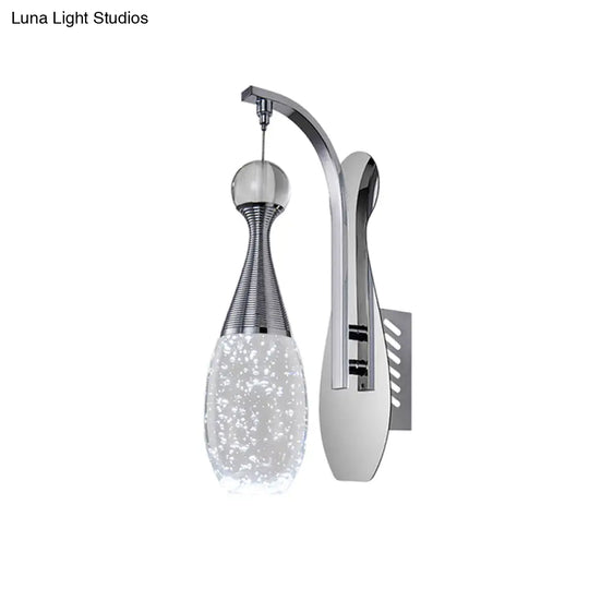 Minimalistic Chrome Led Wall Sconce Light With Seeded Crystal Teardrop - Stylish Lighting Fixture