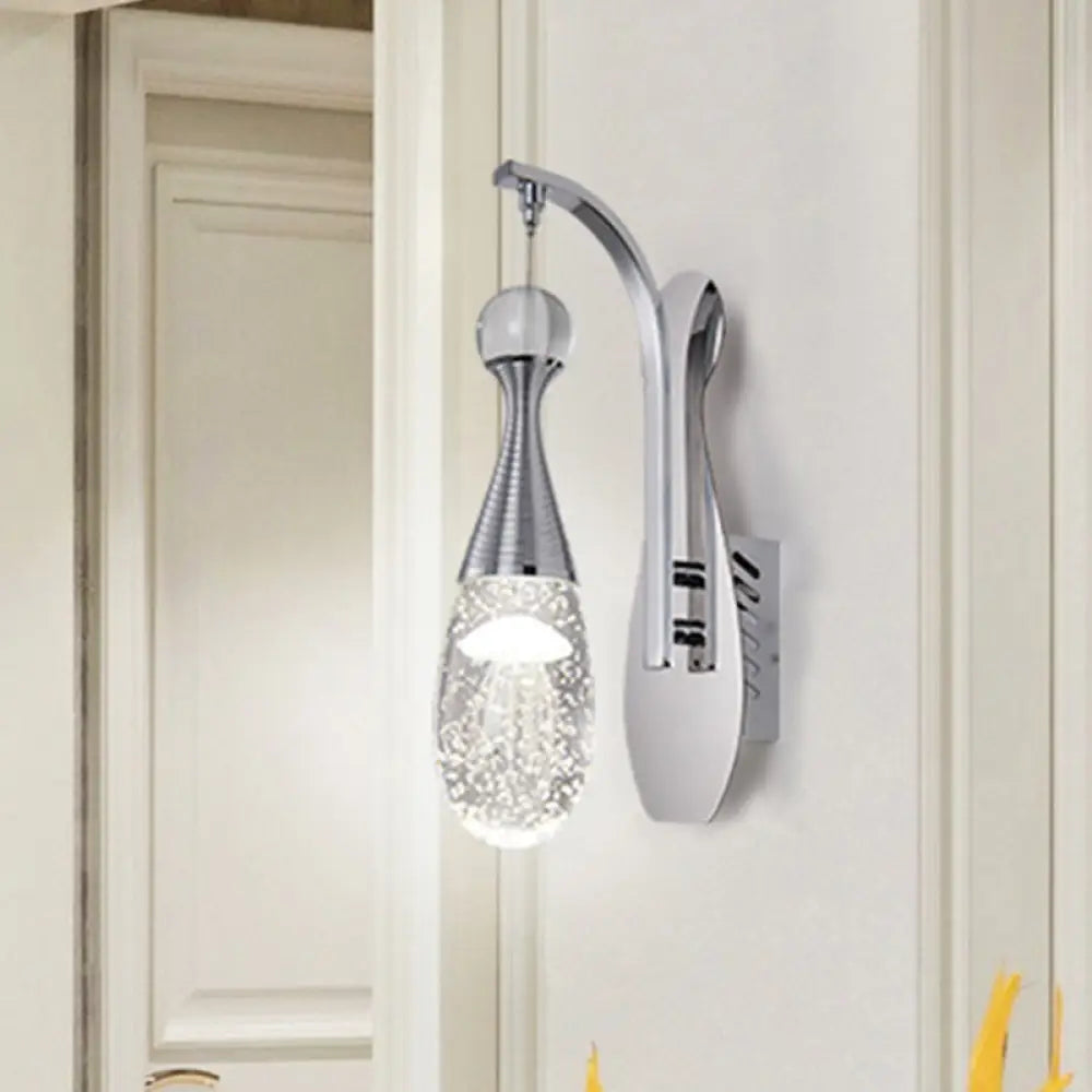 Minimalistic Chrome Led Wall Sconce Light With Seeded Crystal Teardrop - Stylish Lighting Fixture