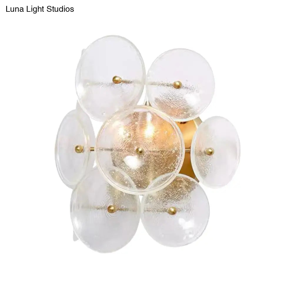 Minimalistic Circle Glass Sconce: Clear Textured Wall Mounted Light Fixture (2 Bulbs) For Living