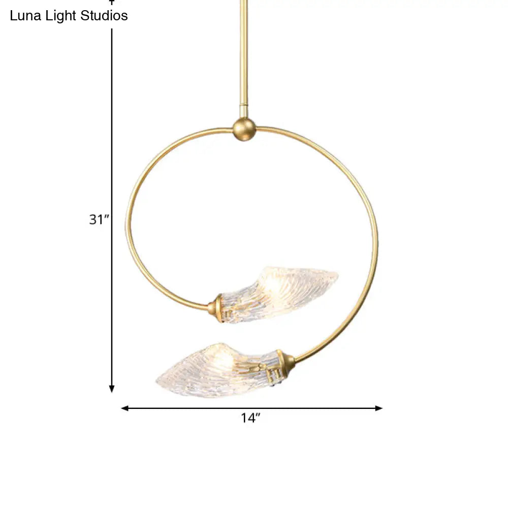 Minimalistic Clear Glass Swirly Flower Chandelier With Gold Finish - 2 Bulbs Hanging Pendant Light