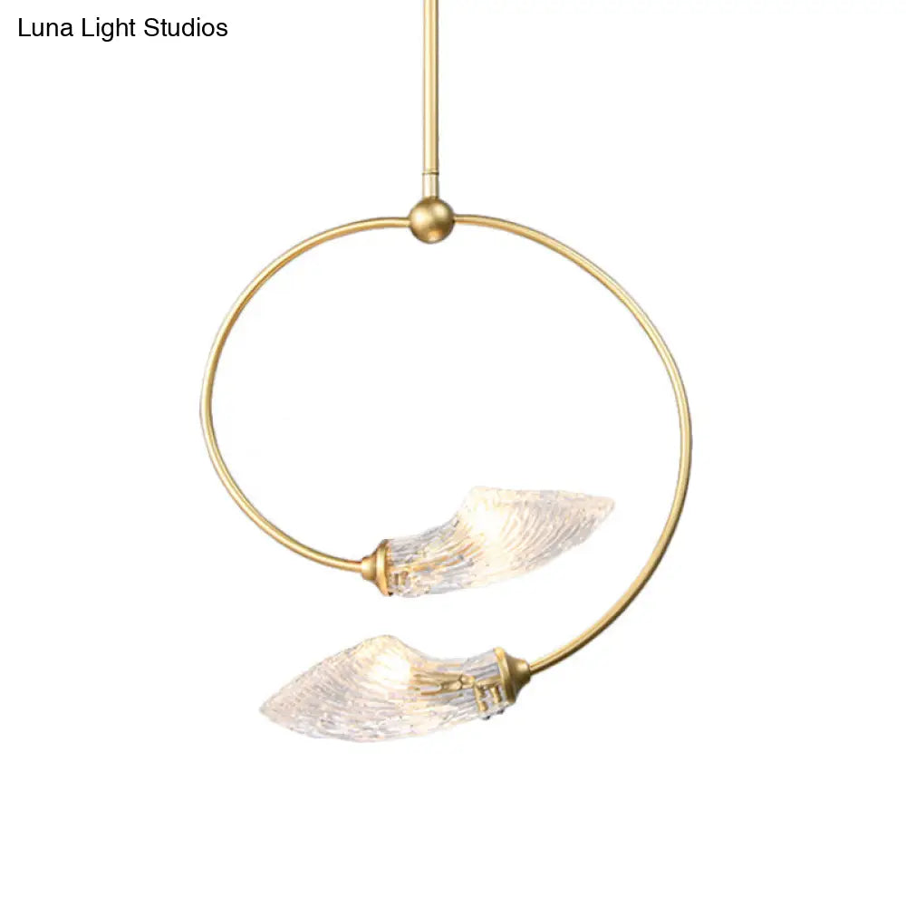 Minimalistic Clear Glass Swirly Flower Chandelier With Gold Finish - 2 Bulbs Hanging Pendant Light