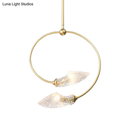 Minimalistic Clear Glass Swirly Flower Chandelier With Gold Finish - 2 Bulbs Hanging Pendant Light