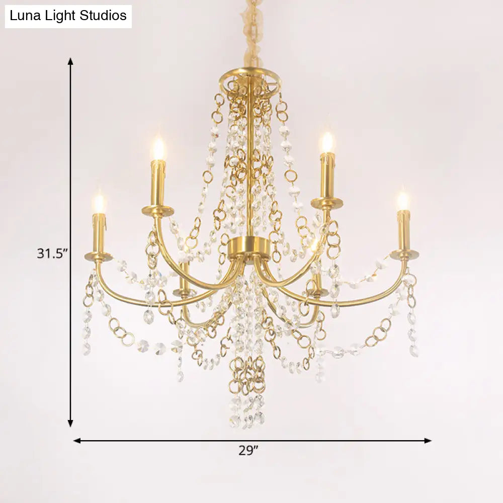 Minimalistic Crystal Chandelier - 6 Lights Gold Finish Bedroom Ceiling Lamp