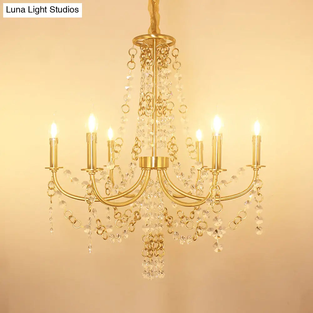 Minimalistic Crystal Chandelier - 6 Lights Gold Finish Bedroom Ceiling Lamp