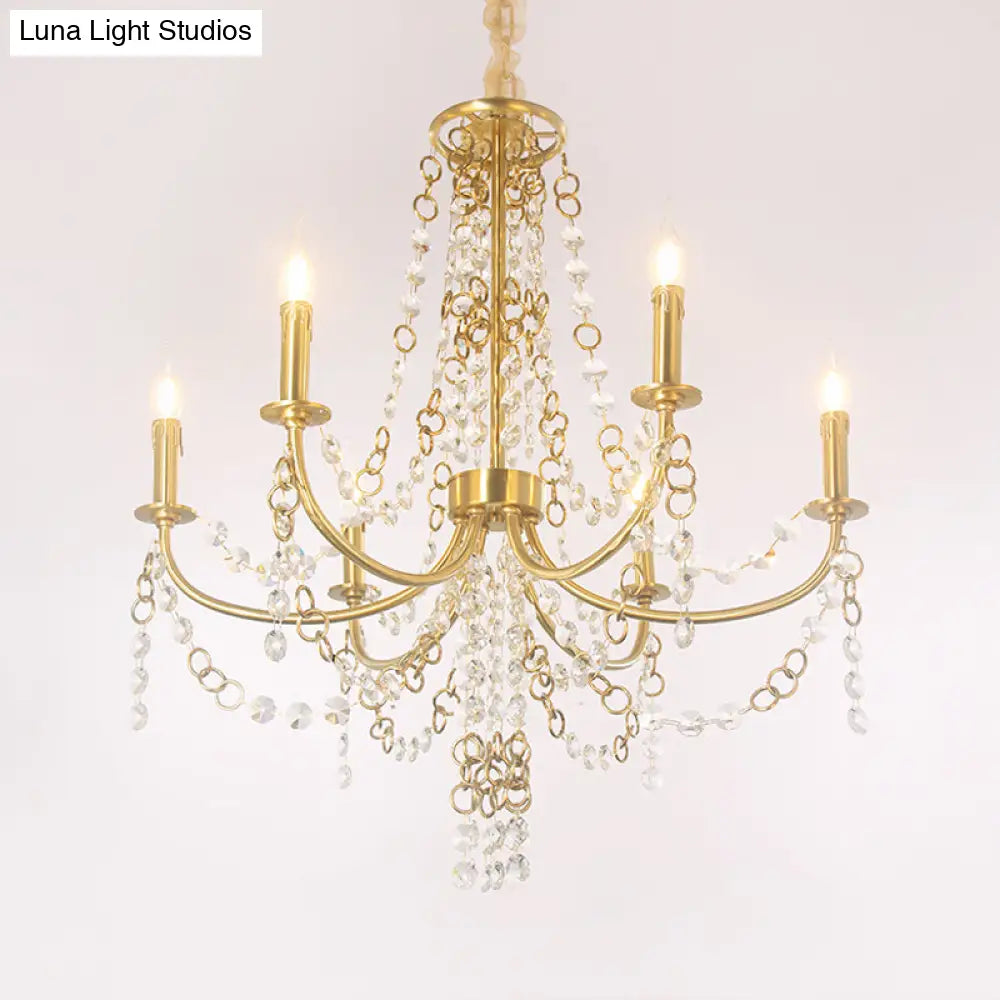 Minimalistic Crystal Chandelier - 6 Lights Gold Finish Bedroom Ceiling Lamp